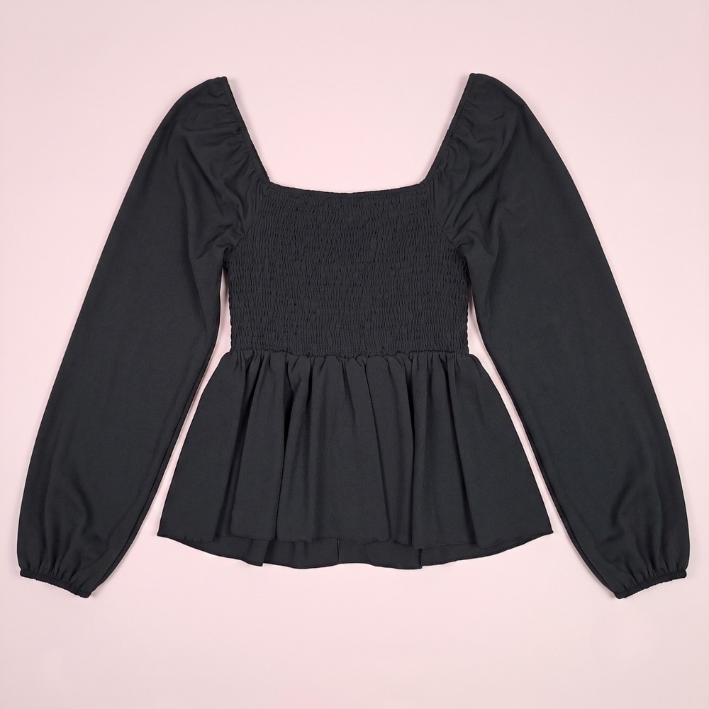 SHEIN Curve Peplum Top Womens 0XL Black Long Sleeve Smocked Back Sweetheart Neck - Picture 3 of 11